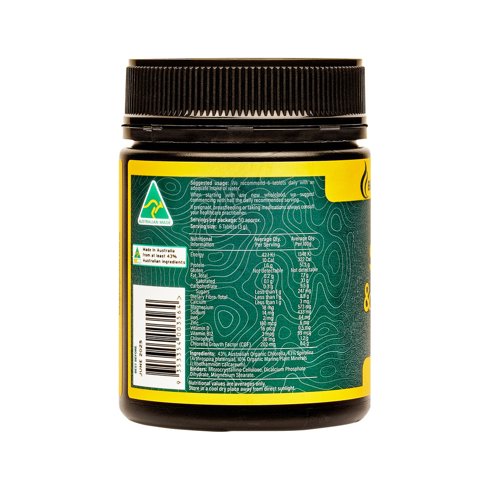 BioGenesis Natural Australia (Travel Friendly) Nature's Purest Spirulina & Chlorella with Organic Marine Plant Minerals 500mg 300t