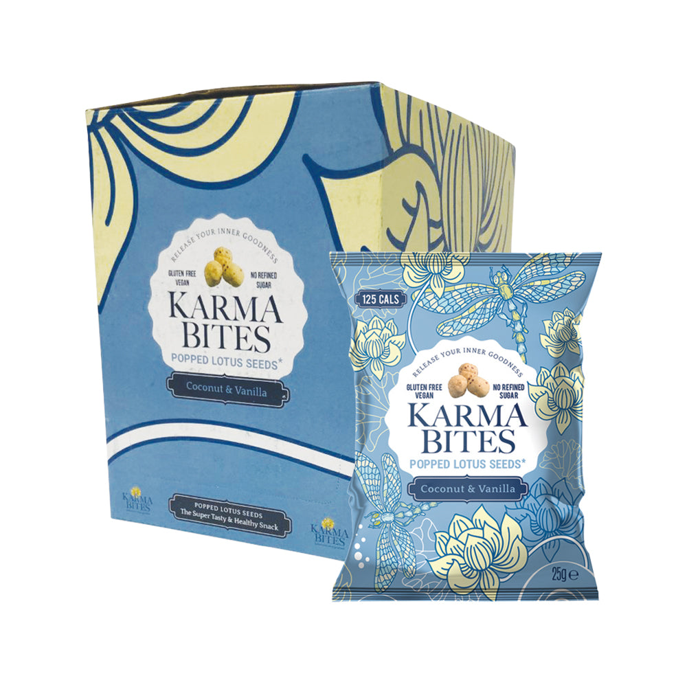 Karma Bites Popped Lotus Seeds Coconut & Vanilla 25g x 5 Display