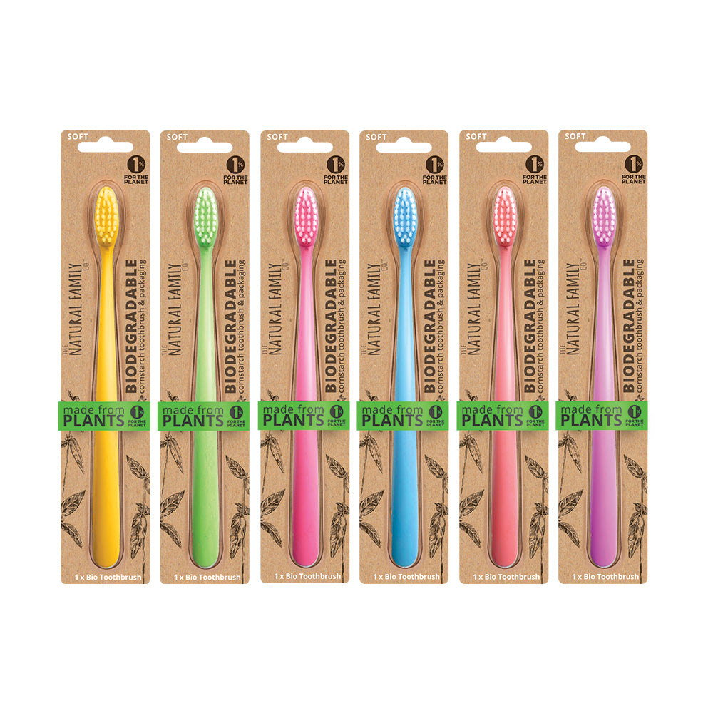 The Natural Family Co. Bio Toothbrush Neon Mixed x 8 Display (contains: Up To 6 Different Neon Colours - Supplied at Random)